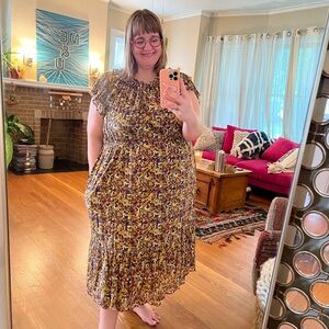 Anthropologie 2X gold + plum motif midi dress by Othilia